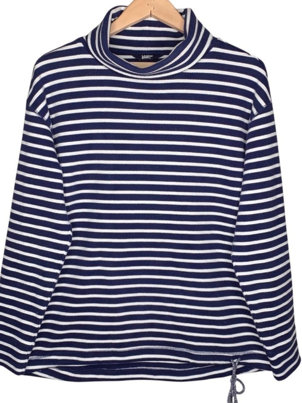 Land’s End Striped Navy and White Cowl Neck waffle knit Top